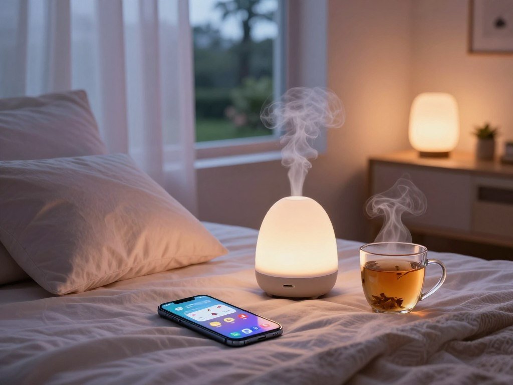 A cozy evening scene showcasing a serene bedroom setting, illuminated by soft, ambient lighting. In the foreground, a smartphone lies on a plush, inviting bed with neatly arranged pillows, displaying various relaxation app icons. Next to it, a steaming mug of herbal tea emits gentle wisps of steam. In the middle, a calming diffuser gently releases vapor, adding to the tranquil atmosphere. Soft, pastel-colored curtains flutter slightly in a light breeze, offering a glimpse of a peaceful garden outside at dusk. In the background, a warm glow from a bedside lamp casts a soothing light, enhancing the sense of comfort and relaxation. The mood is serene and inviting, creating a perfect environment for winding down after a long day.