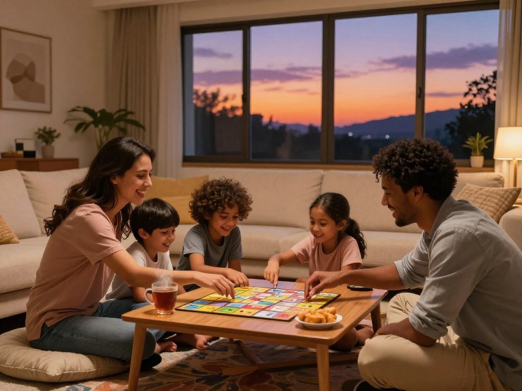 A cozy family scene set in a warmly lit living room during the early evening. In the foreground, a diverse family of four - a mother and father in modest casual clothing, along with two children - are engaged around a coffee table playing a board game, smiling and laughing. In the middle ground, soft cushions and a colorful rug add comfort, with a steaming cup of tea and snacks on the table. The background features a large window revealing a dusky sky painted with shades of orange and purple, casting a gentle glow across the room. The lighting is warm and inviting, creating a sense of togetherness and relaxation in this intimate evening routine. The atmosphere conveys joy and connection, capturing the essence of quality family time.