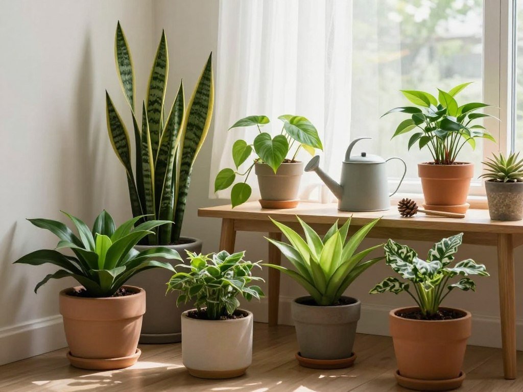 A cozy indoor corner filled with low maintenance houseplants, showcasing a variety such as snake plants, pothos, and ZZ plants. The foreground features elegantly arranged ceramic pots in earth tones, emphasizing the resilient greenery emerging from each vessel. The middle ground includes a well-lit table with a stylish watering can and plant care tools, highlighting the simplicity of maintaining these plants. The background reveals a softly lit window draped with sheer curtains, allowing natural light to filter through and create a warm ambiance. The atmosphere conveys tranquility and a sense of ease, inviting viewers to envision these plants in their own busy lifestyles. Soft, diffused lighting enhances the vibrant greens and earthy textures, making the scene inviting and serene. A cozy indoor corner filled with low maintenance houseplants, showcasing a variety such as snake plants, pothos, and ZZ plants. The foreground features elegantly arranged ceramic pots in earth tones, emphasizing the resilient greenery emerging from each vessel. The middle ground includes a well-lit table with a stylish watering can and plant care tools, highlighting the simplicity of maintaining these plants. The background reveals a softly lit window draped with sheer curtains, allowing natural light to filter through and create a warm ambiance. The atmosphere conveys tranquility and a sense of ease, inviting viewers to envision these plants in their own busy lifestyles. Soft, diffused lighting enhances the vibrant greens and earthy textures, making the scene inviting and serene.