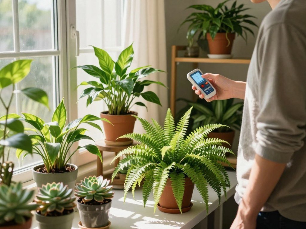 A cozy indoor environment showcasing a plant enthusiast assessing light conditions for their houseplants. In the foreground, a person in modest casual clothing, holding a light meter, stands next to a thriving fern and succulent collection on a bright windowsill. The middle ground features a sunny, well-lit room filled with assorted houseplants, including pothos and peace lilies, arranged on shelves and tables, soaking in the natural sunlight. In the background, sheer curtains filter the sunlight, creating a warm and inviting atmosphere. Soft sunlight casts gentle shadows, enhancing the vibrant greens of the plants. The image should evoke a sense of tranquility and care, inviting viewers to connect with the idea of nurturing plants effectively in their homes. A cozy indoor environment showcasing a plant enthusiast assessing light conditions for their houseplants. In the foreground, a person in modest casual clothing, holding a light meter, stands next to a thriving fern and succulent collection on a bright windowsill. The middle ground features a sunny, well-lit room filled with assorted houseplants, including pothos and peace lilies, arranged on shelves and tables, soaking in the natural sunlight. In the background, sheer curtains filter the sunlight, creating a warm and inviting atmosphere. Soft sunlight casts gentle shadows, enhancing the vibrant greens of the plants. The image should evoke a sense of tranquility and care, inviting viewers to connect with the idea of nurturing plants effectively in their homes.