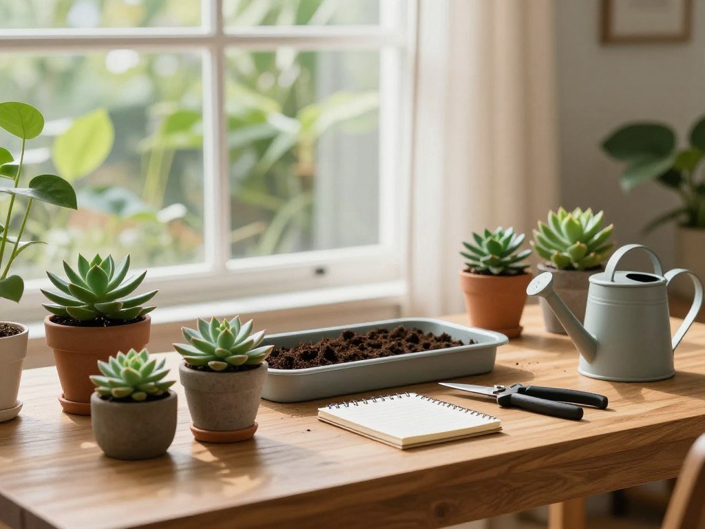 A cozy indoor setting showcasing a low maintenance plant care routine. In the foreground, a stylish wooden table features potted succulents and a minimal watering can. The middle ground presents a well-organized plant care station with soil, pruning shears, and a small notepad. In the background, sunlight streams through a large window, illuminating lush green leaves and the soft textures of light-colored curtains. The atmosphere feels calm and inspiring, emphasizing simplicity and sustainability. Use soft, natural lighting to create a warm ambiance, capturing the essence of plant care that is easy and achievable. The image should reflect a serene home environment while avoiding any clutter, showcasing a harmonious balance between nature and home life. A cozy indoor setting showcasing a low maintenance plant care routine. In the foreground, a stylish wooden table features potted succulents and a minimal watering can. The middle ground presents a well-organized plant care station with soil, pruning shears, and a small notepad. In the background, sunlight streams through a large window, illuminating lush green leaves and the soft textures of light-colored curtains. The atmosphere feels calm and inspiring, emphasizing simplicity and sustainability. Use soft, natural lighting to create a warm ambiance, capturing the essence of plant care that is easy and achievable. The image should reflect a serene home environment while avoiding any clutter, showcasing a harmonious balance between nature and home life.