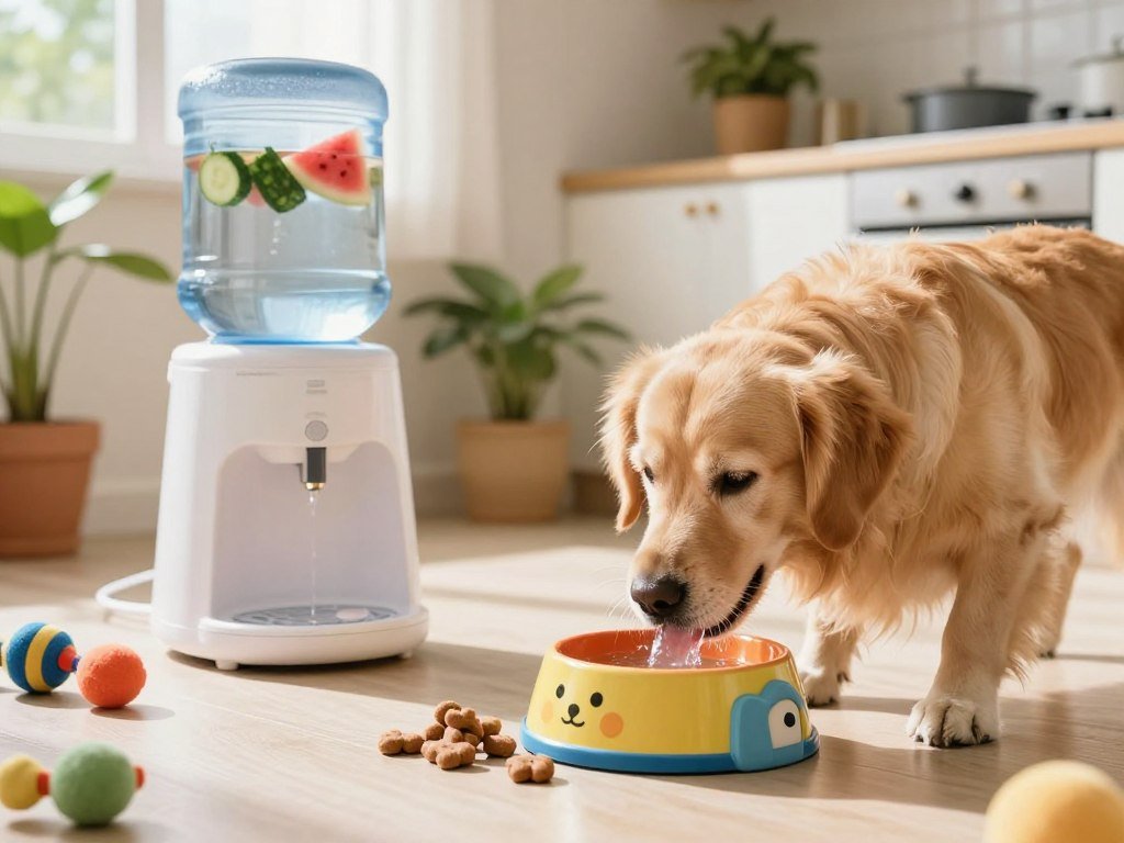 A cozy kitchen setting featuring a friendly dog, a golden retriever, eagerly lapping water from a colorful, playful dog bowl on a sunny day. In the foreground, a small pile of dog treats is placed next to the bowl, emphasizing encouragement for drinking. In the middle, an elegant, clear water dispenser with floating fruits like cucumber and watermelon to attract the dog's attention, while a couple of small, soft toys lay scattered around. The background shows a bright, airy kitchen with potted plants, showcasing a cheerful and inviting atmosphere. Soft natural light pours through a window, creating warm highlights and gentle shadows, enhancing the sense of comfort and well-being. The mood is uplifting and motivational, reflecting practical tips for keeping dogs hydrated. A cozy kitchen setting featuring a friendly dog, a golden retriever, eagerly lapping water from a colorful, playful dog bowl on a sunny day. In the foreground, a small pile of dog treats is placed next to the bowl, emphasizing encouragement for drinking. In the middle, an elegant, clear water dispenser with floating fruits like cucumber and watermelon to attract the dog's attention, while a couple of small, soft toys lay scattered around. The background shows a bright, airy kitchen with potted plants, showcasing a cheerful and inviting atmosphere. Soft natural light pours through a window, creating warm highlights and gentle shadows, enhancing the sense of comfort and well-being. The mood is uplifting and motivational, reflecting practical tips for keeping dogs hydrated.