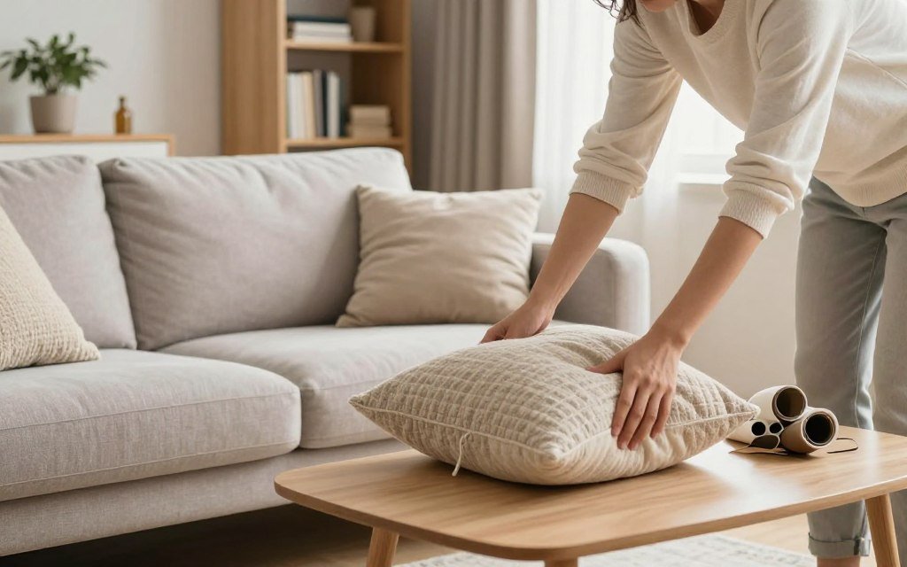 A cozy living room in the midst of a quick tidy-up, featuring a stylish, modern sofa in soft neutral tones. In the foreground, a person in casual, tidy clothing skillfully arranges decorative pillows and clears clutter from a coffee table, demonstrating efficiency and focus. The middle ground includes a neatly organized bookshelf and a potted plant, adding a touch of greenery. The background showcases warm, inviting light streaming through a window, enhancing the atmosphere of a welcoming space ready for guests. The scene should evoke a sense of calm and readiness, with an emphasis on speed and simplicity in organization. Use soft, natural lighting to create a cheerful, relaxed ambiance.