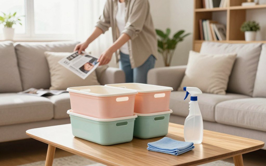 A cozy living room scene showcasing fast tidying tricks. In the foreground, neatly stacked organizing bins in soft pastel colors, a spray bottle and microfiber cloth on a coffee table, symbolizing efficient cleaning. In the middle, a person in modest casual clothing, engaged in arranging cushions on a stylish couch and speedily picking up scattered magazines, capturing the essence of 'speedy tidying'. The background features a bright window with natural light pouring in, casting a warm glow over a well-organized bookshelf and indoor plants. The mood should be one of calm efficiency and smart organization, inviting the viewer to embrace these tidying tips. Use a wide-angle lens to capture the whole room with clear details, enhancing the sense of space.