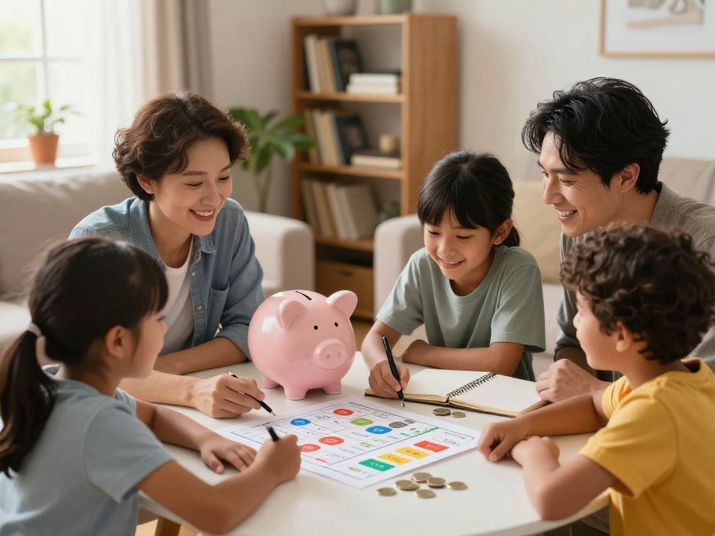 A cozy, warm living room scene depicting a family gathered around a table, joyfully discussing their budgeting plans. In the foreground, a diverse family of four—parents in modest casual clothing and two children—are smiling while looking at a colorful chart filled with savings tips and strategies. In the middle ground, a large piggy bank sits on the table, surrounded by coins and a notebook. The background features a softly lit room with a bookshelf filled with finance books, a plant in the corner, and a window letting in gentle sunlight, creating an inviting atmosphere. The mood is optimistic and collaborative, emphasizing family togetherness while promoting the idea of saving money. The perspective is at eye level, capturing the family’s engaged expressions.