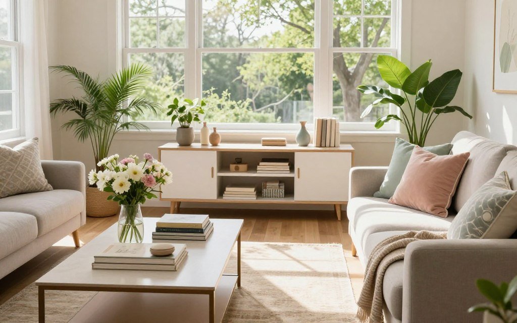 A cozy, well-organized living room during a bright and inviting spring afternoon. In the foreground, a neatly arranged coffee table with decorative books and a vase of fresh flowers. A stylish sofa is adorned with seasonal throw pillows in pastel colors. In the middle, a tidy media console showcasing carefully arranged books and decorative items, with a warm and inviting rug underneath. In the background, large windows allow natural light to stream in, highlighting the bright green plants in the corners. Soft shadows play across the room, creating a serene atmosphere conducive to relaxation and tidiness. The scene should embody a sense of freshness and rejuvenation, perfect for seasonal tidying. Shot with a wide-angle lens to capture the full essence of the space, ensuring a clean and organized look.