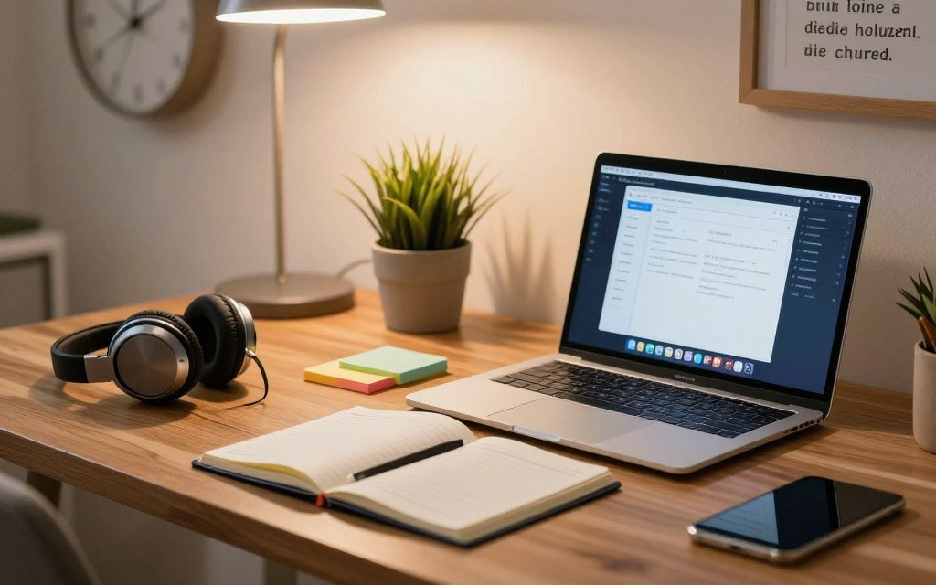 A cozy workspace featuring essential concentration tools and apps arranged neatly on a stylish wooden desk. In the foreground, a modern laptop with productivity software displayed on the screen, accompanied by a high-quality noise-canceling headset resting beside it. In the middle, an open notebook filled with organized notes alongside colorful sticky notes for reminders. A potted plant adds a touch of nature, symbolizing tranquility. In the background, a soft-focus wall clock and a wall with framed motivational quotes evoke a calming atmosphere, illuminated by warm overhead lighting. The scene conveys a sense of focus and productivity, inviting viewers to enhance their concentration through effective tools.