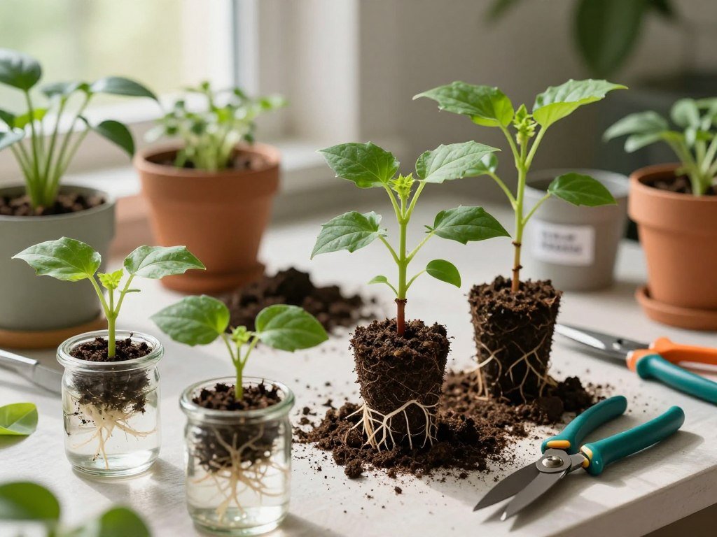 A detailed close-up view of various asexual propagation methods for plants, including cuttings, layering, and division. In the foreground, display healthy cuttings placed in small glass jars filled with water, showing roots beginning to develop. In the middle, focus on a plant in the process of layering, with soil partially removed to reveal new roots forming at the stem. In the background, a table filled with gardening tools like shears, soil, and labeled pots, creating an organized yet busy atmosphere. Soft, natural lighting filters in from a window, casting gentle shadows and highlighting the vibrant greens of the plants. The mood is educational and inviting, reflecting a hands-on approach to plant propagation troubleshooting.