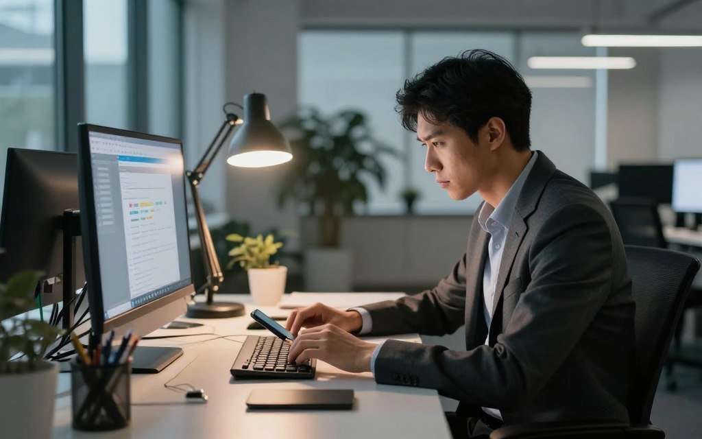 A focused individual sitting at a sleek, modern desk cluttered with distractions like a smartphone, social media notifications, and open browser tabs. The foreground features a determined professional in smart casual attire, visibly concentrated on their task. In the middle, a soft glow emanates from a desk lamp, enhancing the atmosphere of productivity. The background depicts a serene office space with dimmed lights, large windows that let in natural light, and plants that symbolize clarity and focus. The overall mood conveys urgency and the struggle against distractions, inviting viewers to reflect on the impact of interruptions on productivity. The image is framed in a slightly angled perspective to capture the intensity of concentration without text or overlays.
