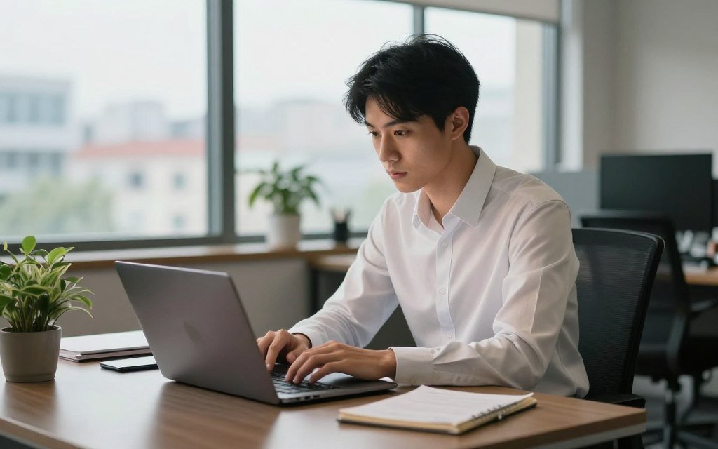 A focused professional in a modern office setting, seated at a sleek desk, intently working on a laptop. In the foreground, a clutter-free workspace featuring a plant and notepad, emphasizing productivity. In the middle, the person's expression is one of concentration, with soft natural light illuminating their face and highlighting their professional attire, such as a crisp shirt and smart trousers. The background includes a large window with a scenic urban view, softly blurred, creating a sense of depth. Warm yet focused lighting enhances the mood of determination and clarity. The overall atmosphere conveys a sense of calm and concentration, showcasing effective distraction management in action.