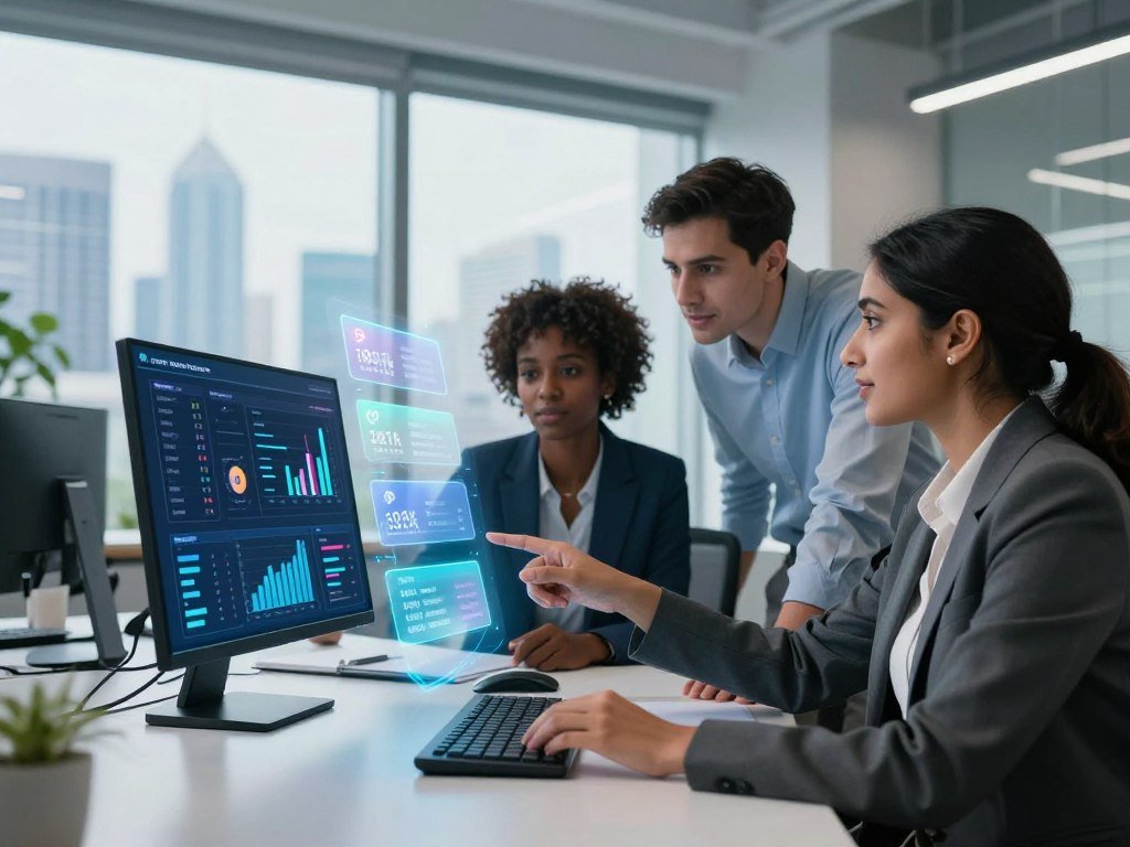 A futuristic office environment showcasing the concept of smart subscriptions. In the foreground, a sleek, modern desk with a digital interface displaying vibrant graphs and analytics related to recurring payments. A diverse group of three professionals in smart business attire, a Black woman, a Hispanic man, and a South Asian woman, are engaged in discussion, pointing at the screen. In the middle ground, holographic displays of various subscription services and automated payment reminders float above the desk. The background features a large window revealing a skyline of a tech-savvy city with green spaces. The atmosphere is bright and innovative, with soft, ambient lighting that highlights the advanced technology. The perspective is slightly low-angle to emphasize the futuristic elements.