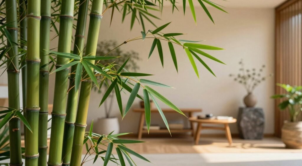 A lush bamboo plant with vibrant green stalks swaying gently, occupying the foreground of the image. Surround it with healthy, glossy leaves, showcasing its natural beauty. In the middle ground, add a serene, minimalist indoor environment with soft, warm lighting that highlights the plant's calming presence. The background features a subtly blurred home interior, reflecting a harmonious space equipped with natural materials like wood and stone. Use a soft focus lens effect to create a serene atmosphere, emphasizing tranquility and balance, as if inviting the viewer into a peaceful sanctuary. The overall mood conveys peace and natural beauty, perfect for illustrating the concept of Vastu plants in a harmonious home setting.