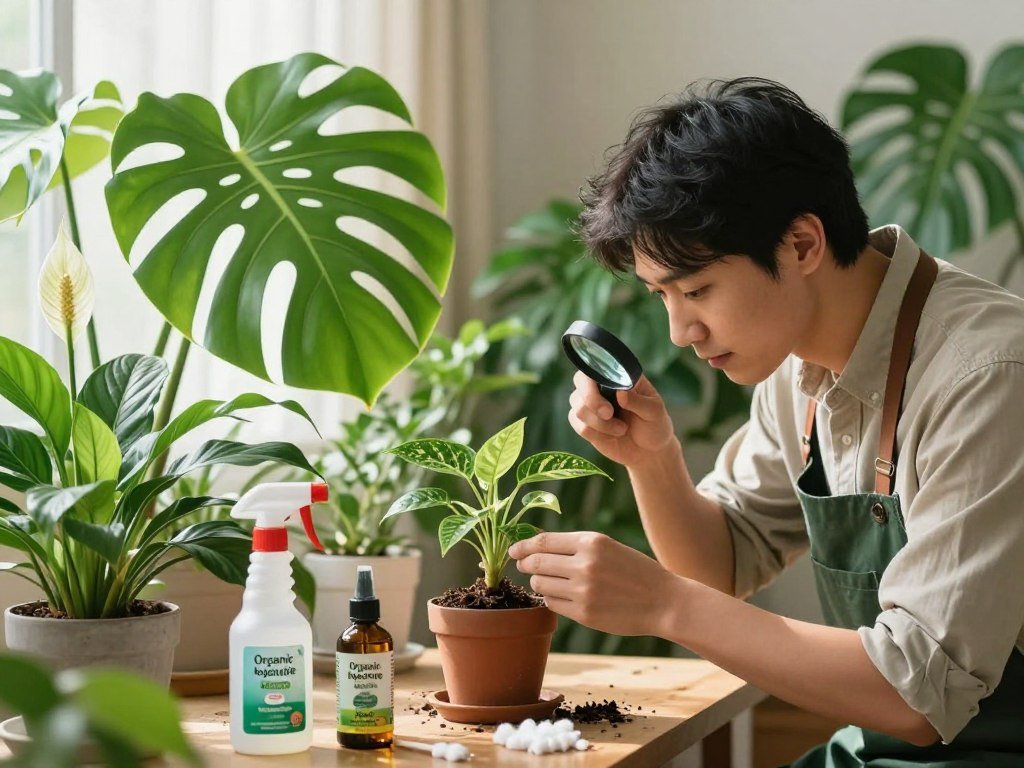 A lush indoor setting featuring a variety of healthy houseplants, including a vibrant monstera and a flowering peace lily, in the foreground. A careful gardener, dressed in professional casual attire, examines a small plant using a magnifying glass, focusing on detecting pests. The middle ground shows a well-organized table with pest control supplies, including a spray bottle labeled 'Organic Insecticide', neem oil, and cotton swabs. In the background, soft sunlight filters through sheer curtains, creating a warm and inviting atmosphere. The scene conveys a mood of diligence and care in plant maintenance, highlighting the importance of pest control for healthy plants. The composition emphasizes detail with a shallow depth of field, showcasing the gardener's engaging action while ensuring the plants appear lush and vivid.