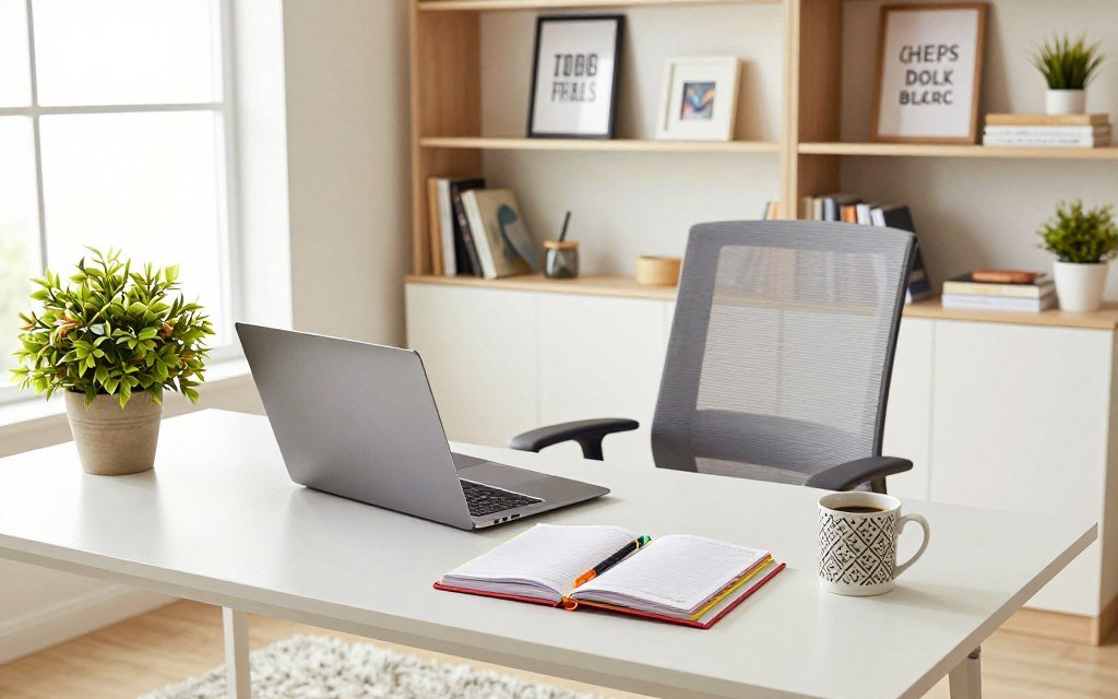 A modern home office scene featuring a sleek, organized desk adorned with essential items. In the foreground, highlight a stylish laptop, a colorful planner, a vibrant desk plant, and a decorative coffee mug. The middle ground showcases a comfortable ergonomic chair and a soft, plush rug underfoot. The background is filled with light, airy shelving displaying motivational quotes in frames, books, and decorative art pieces. The lighting is bright and natural, pouring in from a nearby window, creating a warm and inviting atmosphere. The overall mood is productive and inspirational, evoking a sense of motivation and personalization in the workspace. A modern home office scene featuring a sleek, organized desk adorned with essential items. In the foreground, highlight a stylish laptop, a colorful planner, a vibrant desk plant, and a decorative coffee mug. The middle ground showcases a comfortable ergonomic chair and a soft, plush rug underfoot. The background is filled with light, airy shelving displaying motivational quotes in frames, books, and decorative art pieces. The lighting is bright and natural, pouring in from a nearby window, creating a warm and inviting atmosphere. The overall mood is productive and inspirational, evoking a sense of motivation and personalization in the workspace.