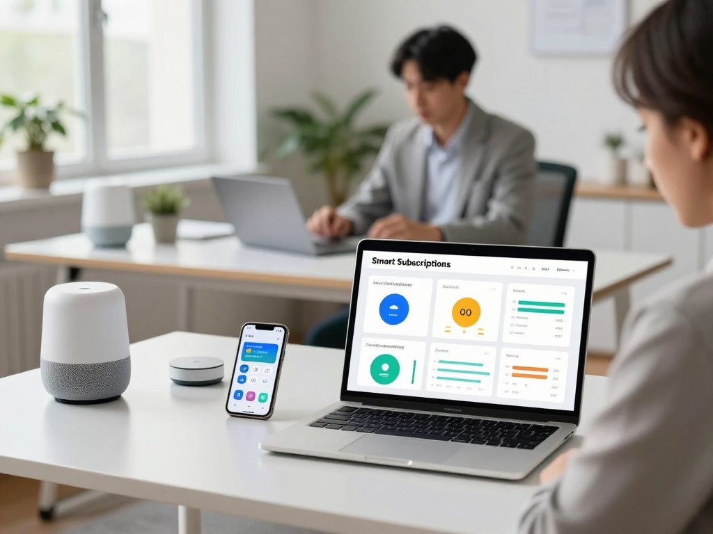 A modern office workspace illustrating "Smart Subscriptions." In the foreground, a sleek laptop displays colorful graphs and charts representing subscription services, with a smartphone nearby showing app icons for popular subscriptions. In the middle ground, a person in professional attire, focused and engaged in managing their subscriptions, sits at a stylish desk surrounded by a few smart home devices like a voice assistant and smart hub. The background features a bright and airy room with large windows letting in natural light, a few plants adding a touch of greenery. The atmosphere is productive and organized, highlighting efficiency and a tech-savvy lifestyle. Soft, diffused lighting enhances the professional vibe, while a slight depth of field effect emphasizes the foreground elements.