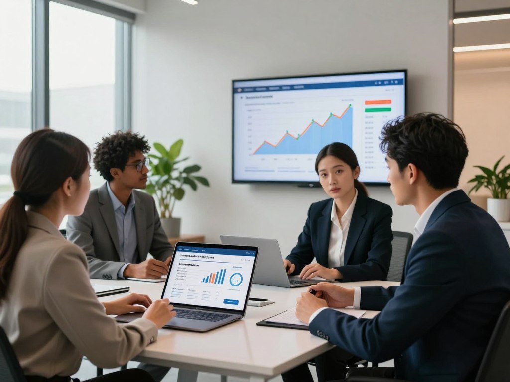 A modern office workspace with elegant design elements, featuring a sleek desk with a laptop displaying a user-friendly app for managing recurring payments. In the foreground, a diverse group of professionals in smart business attire, seated and engaged in discussion, analyzing subscription management charts on a tablet. In the middle ground, a wall-mounted screen shows vibrant graphs of financial data and upcoming payment schedules. The background features large windows allowing natural light to flood the space, creating an airy and productive atmosphere. Soft, warm lighting enhances the inviting mood, while a potted plant adds a touch of greenery, symbolizing growth and efficiency in financial management. The entire scene exudes a sense of professionalism and innovation.