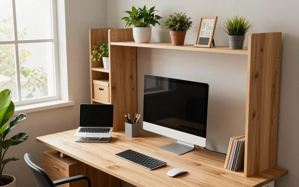 A modern workspace designed to maximize desk space with innovative vertical and hidden storage solutions. In the foreground, an organized desk features a sleek monitor, a stylish laptop stand, and minimalistic stationery holders that efficiently use the surface area. The middle ground includes tall shelving units with potted plants and decorative storage boxes, creating a harmonious blend of functionality and aesthetics. In the background, a large window allows natural light to flood the space, enhancing the vibrant ambiance. The overall atmosphere is inspiring and productive, showcasing a clean, uncluttered environment suitable for focused work. Capture this scene with a slight overhead angle to emphasize the spatial arrangement and depth, using soft, warm lighting to create a welcoming vibe. A modern workspace designed to maximize desk space with innovative vertical and hidden storage solutions. In the foreground, an organized desk features a sleek monitor, a stylish laptop stand, and minimalistic stationery holders that efficiently use the surface area. The middle ground includes tall shelving units with potted plants and decorative storage boxes, creating a harmonious blend of functionality and aesthetics. In the background, a large window allows natural light to flood the space, enhancing the vibrant ambiance. The overall atmosphere is inspiring and productive, showcasing a clean, uncluttered environment suitable for focused work. Capture this scene with a slight overhead angle to emphasize the spatial arrangement and depth, using soft, warm lighting to create a welcoming vibe.