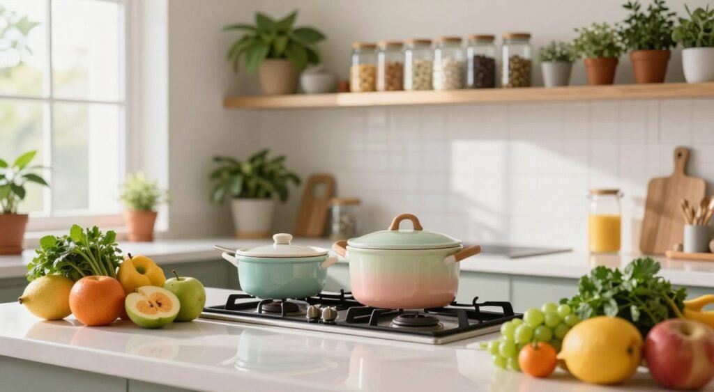 A serene and beautifully organized kitchen that embodies the principles of Vastu cleanliness. In the foreground, pristine countertops adorned with fresh fruits and vibrant herbs, reflecting harmony and abundance. The middle ground features a gleaming stove and neatly arranged cookware in soft pastel colors, contributing to an inviting atmosphere. Natural light filters in from a large window, casting a warm glow that enhances the space. The background showcases neatly aligned shelves filled with tidy jars and vibrant, potted plants, embodying a sense of balance and positivity. The overall mood is tranquil and energizing, promoting a sense of calm and cleanliness, perfect for enhancing one's home environment in accordance with Kitchen Vastu principles.