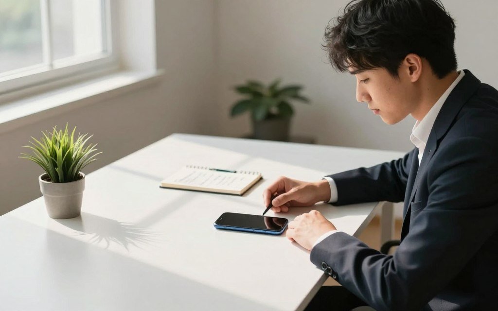 A serene and focused workspace illustrating the concept of smartphone addiction help. In the foreground, a young professional, dressed in smart casual attire, sits at a clean desk with a smartphone turned face down, symbolizing digital detox. The middle showcases a minimalist, clutter-free environment including a small plant and a notepad with brainstorming notes on overcoming smartphone addiction. In the background, soft natural light filters through a window, casting gentle shadows, enhancing a calm and reflective mood. The room features neutral tones, promoting a sense of focus and serenity. Capture this scene with a wide-angle lens, emphasizing a spacious feel and inviting atmosphere, inviting viewers to contemplate the importance of disconnecting for better focus.