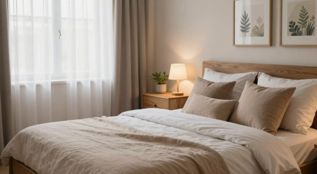 A serene and harmonious bedroom designed according to Vastu principles, featuring soft earth tones and natural materials. The foreground shows a neatly made bed with a plush bedspread and decorative pillows arranged in a balanced manner. In the middle, a wooden nightstand holds a small plant and a calming lamp, while the bedside is adorned with calming artworks depicting nature. The background reveals a large window with sheer curtains allowing soft, natural light to flood the room, enhancing the peaceful atmosphere. The overall mood is tranquil and inviting, promoting relaxation and better sleep, captured with a warm, soft focus lens. The angle is slightly elevated, giving a spacious feel to the layout, emphasizing the importance of balance and harmony in the design.