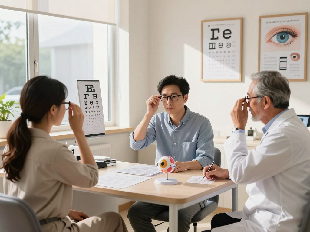 A serene and inviting optometry clinic focusing on eye care practices. In the foreground, a diverse group of three people – a young woman, a middle-aged man, and an older gentleman – seated comfortably, all wearing professional attire, each engaging in eye health activities like reading from eye charts and adjusting glasses. The middle section features a well-organized desk with eye care brochures, an eye chart, and a model of an eye demonstrating anatomical features. Soft, natural lighting floods the room through a large window, casting gentle shadows and creating a warm atmosphere. In the background, a wall filled with framed educational posters about eye care practices and proper screen usage enhances the environment, promoting a sense of awareness and calmness about maintaining eye health.
