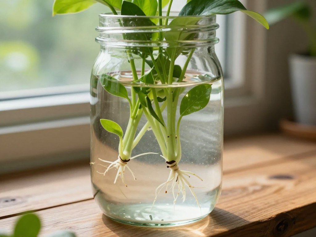 A serene, close-up view of a glass jar filled with water, showcasing multiple plant cuttings suspended in the liquid. The foreground features lush green stems with vibrant leaves, some beginning to develop roots, highlighting the process of water propagation. In the middle, softly focused sunlight filters through a nearby window, casting gentle reflections and creating a warm, inviting atmosphere. The background includes a rustic wooden countertop and hints of soft, blurred garden greenery outside, suggesting a homey, nurturing environment. The lighting is bright yet diffused, enhancing the clarity of the water and the freshness of the leaves. The overall mood is calm and encouraging, perfect for beginners exploring plant propagation.