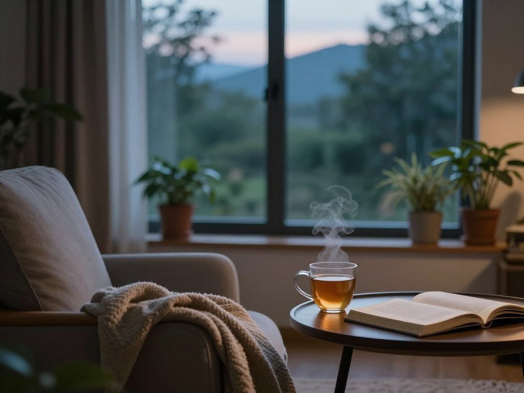 A serene evening scene capturing the essence of a digital detox. In the foreground, a cozy, inviting space features a comfortable armchair with a soft blanket thrown over it. A side table holds a steaming cup of herbal tea and an open book, suggesting relaxation and mindfulness. In the middle, a large window reveals a peaceful twilight landscape with soft, warm lighting, casting gentle shadows. A few potted plants add life to the scene, symbolizing a connection to nature. The background shows a softly lit room with calming colors like muted blues and greens, creating a tranquil atmosphere. Overall, the image evokes a sense of peacefulness and the benefits of disconnecting from devices, ideal for promoting relaxation and restful nights.