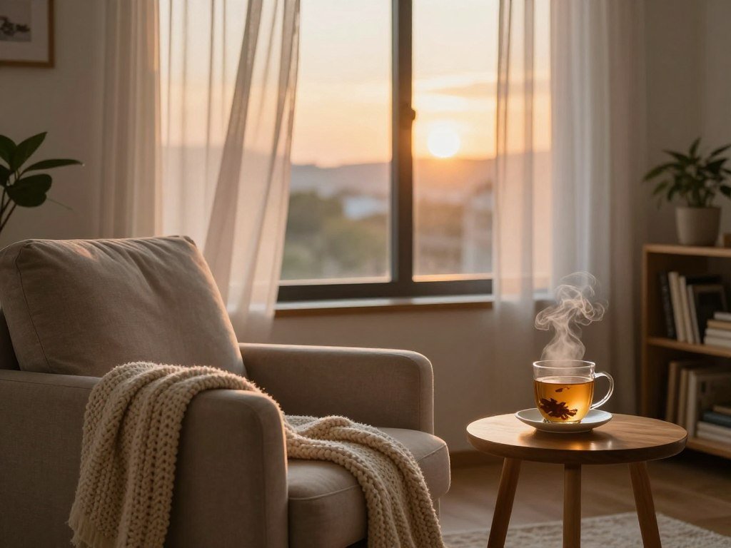 A serene evening scene depicting a cozy living room designed for a tech-free wind-down routine. In the foreground, a plush, neutral-colored armchair adorned with a soft knitted blanket sits beside a small wooden side table holding a steaming herbal tea. The middle layer features a large window with sheer curtains gently swaying in the evening breeze, allowing soft golden light to filter in as the sun sets, casting warm shadows. In the background, a low bookshelf filled with books and a potted plant adds a touch of greenery, enhancing the calming atmosphere. The mood is peaceful and inviting, with a soft focus lens effect to create a gentle, dreamy feeling. Overall, the image should evoke a sense of relaxation and tranquility, perfect for unwinding before bed.