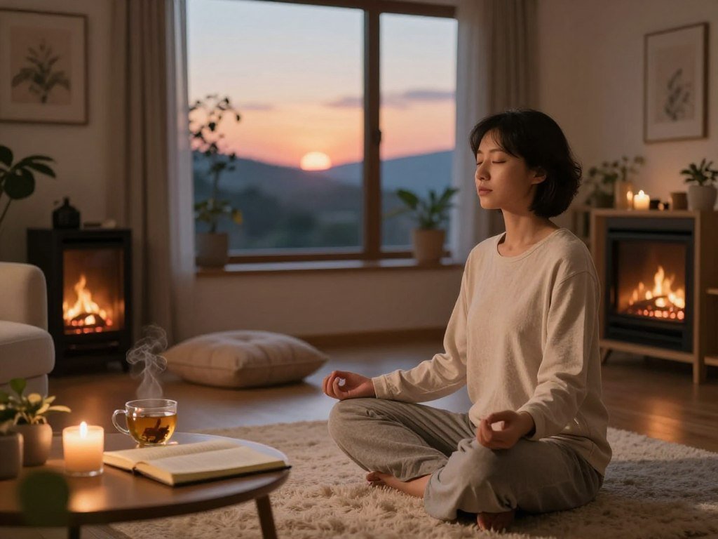 A serene evening scene featuring a cozy living room with a large window displaying a sunset. In the foreground, a person in comfortable yet professional loungewear is seated cross-legged on a plush rug, practicing mindfulness meditation with closed eyes and a peaceful expression. A warm, ambient light bathes the room, creating a relaxed atmosphere. On a nearby table, a steaming cup of herbal tea sits beside an open journal and a lit candle, adding to the sense of tranquility. The middle ground showcases soft cushions and a gently flickering fireplace. In the background, calming artwork hangs on the walls, and houseplants add a touch of nature, enhancing the overall feeling of relaxation. The image embodies the essence of effective evening routines and self-care.