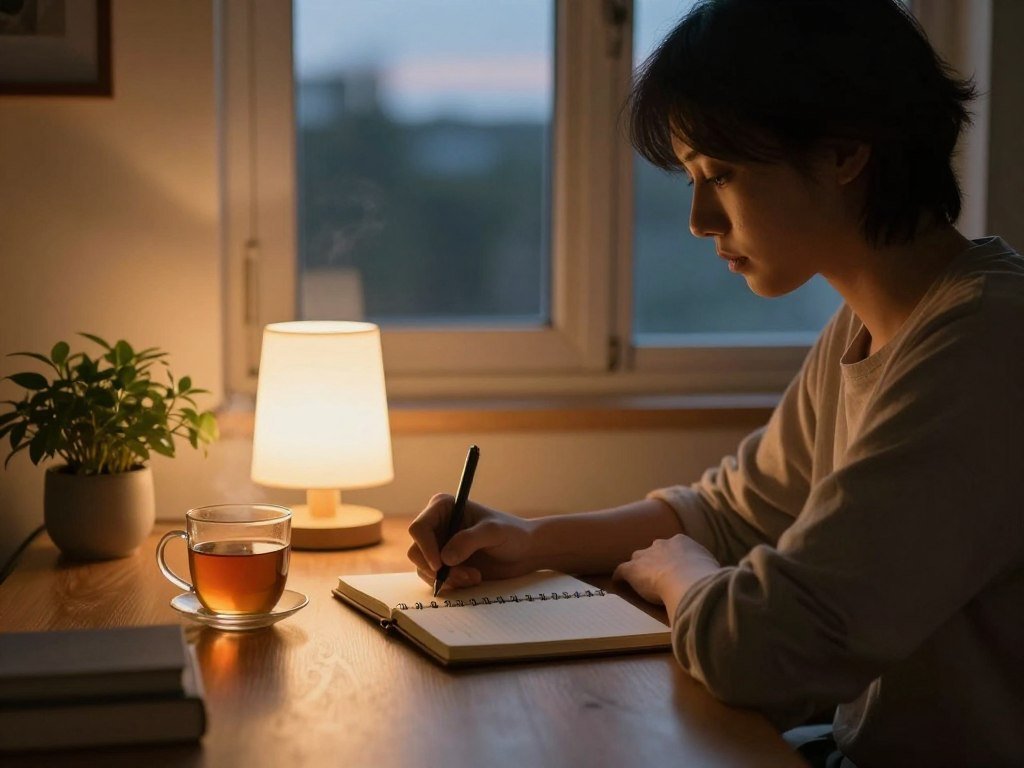 A serene evening scene set in a cozy, softly lit room with warm ambient light. In the foreground, a person wearing modest casual clothing is comfortably seated at a wooden desk, journaling in a beautifully bound notebook. Their expression reflects deep concentration and tranquility. A steaming cup of tea rests beside them, and a small plant adds a touch of nature. In the middle, a softly glowing lamp casts gentle shadows, while an open window in the background reveals a dusk sky with fading light. The overall atmosphere is peaceful and introspective, encouraging a sense of calm and reflection that embodies the essence of journaling as part of an evening routine.