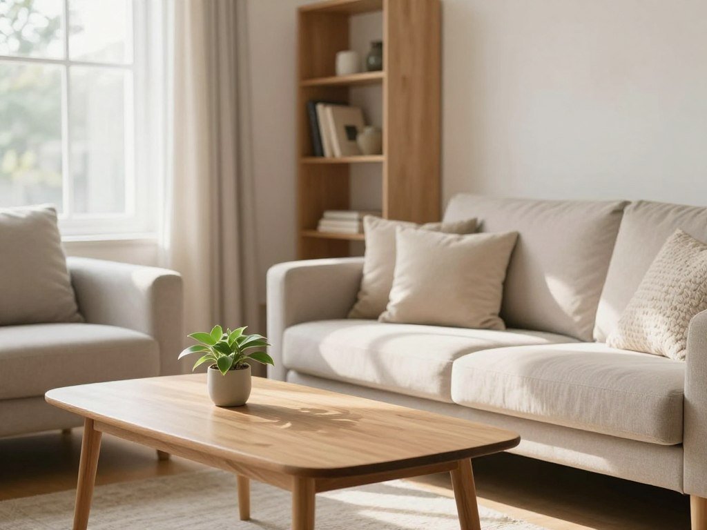 A serene family living room embodying a minimalistic lifestyle, featuring a cozy, uncluttered space with a light, airy ambiance. In the foreground, a simple, wooden coffee table with a single green plant sits invitingly. The middle ground displays a soft, neutral-toned couch adorned with a few textured throw pillows, and a large window letting in natural sunlight that casts gentle shadows. The background reveals a tastefully sparse bookshelf with only a few select books and decorative items. Warm, diffused lighting enhances the calm atmosphere, creating a sense of harmony and simplicity. The scene should evoke feelings of tranquility and togetherness, ideal for a family embracing a minimalistic approach to life.