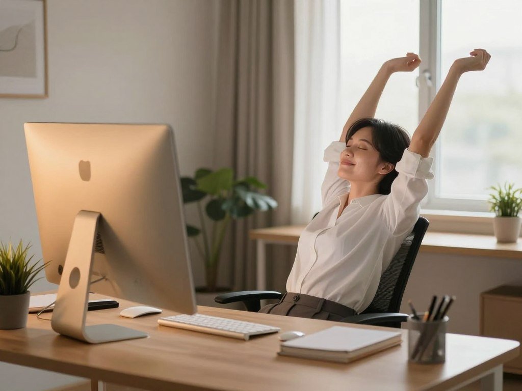 A serene home office scene, designed to convey a sense of calm and focus. In the foreground, a well-organized desk features a computer screen with a warm, soft glow, surrounded by decorative elements like a small potted plant and ergonomic tools. In the middle ground, a person in professional attire, appearing relaxed and content, leans back in an ergonomic chair, stretching their arms towards the ceiling, symbolizing relief from eye strain. The background showcases a softly lit room with natural light streaming in through a window, illuminating soothing colors and minimalistic decor. The atmosphere is tranquil, emphasizing a balance between productivity and relaxation, inviting viewers to rethink their screen time habits and embrace a healthier work environment.