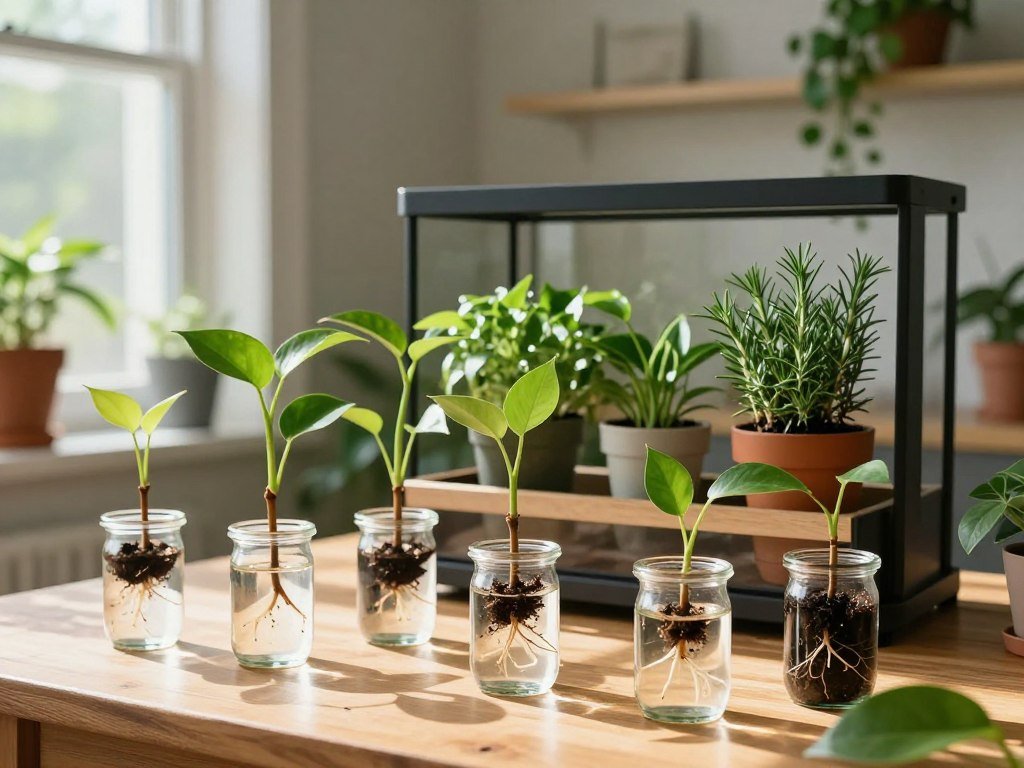 A serene indoor gardening scene showcasing the process of stem cuttings propagation. In the foreground, a well-lit wooden table cluttered with healthy stem cuttings in small glass jars filled with water, roots just starting to form. Each cutting has vibrant green leaves contrasting against the clear jars. In the middle ground, there's a stylish plant propagation station with various plant species like pothos and rosemary, in vibrant pots, with sunlight streaming through a nearby window, casting soft shadows. The background features a cozy, green-filled living space with hanging plants and natural light enhancement. The overall mood is calm and nurturing, inviting readers into the world of plant care.
