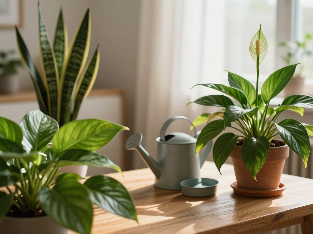 A serene indoor scene featuring various low light plants, such as a snake plant, pothos, and peace lily, arranged on a wooden table. In the foreground, lush green leaves catch soft light, casting gentle shadows and highlighting the texture of the foliage. The middle of the composition includes a watering can and a small potting tray, suggesting ongoing care and attention. In the background, a softly lit room reveals a cozy atmosphere, with diffused light filtering through sheer curtains. The image conveys a calm, nurturing ambiance, with warm tones and a shallow depth of field, creating a sense of tranquility and focus on plant care. The composition should evoke feelings of peace and responsibility, ideal for highlighting best practices for caring for low light plants.