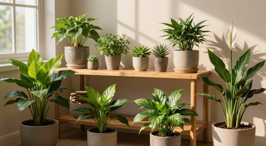 A serene indoor setting featuring a harmonious arrangement of various indoor plants known for their Vastu benefits. In the foreground, there are vibrant, lush green plants like a Money Plant, Bamboo, and Peace Lily, each in decorative pots. The middle ground showcases a modern wooden shelf adorned with smaller potted herbs and succulents, adding balance and energy. In the background, soft natural light filters through large windows, casting gentle shadows and enhancing the peaceful atmosphere. The color palette is warm and inviting, with earthy tones dominating the scene. The mood is tranquil and calming, ideal for illustrating balance and harmony in a home environment, with a focus on wellness and natural beauty. The angle captures the plants at eye level, inviting the viewer into this harmonious space.