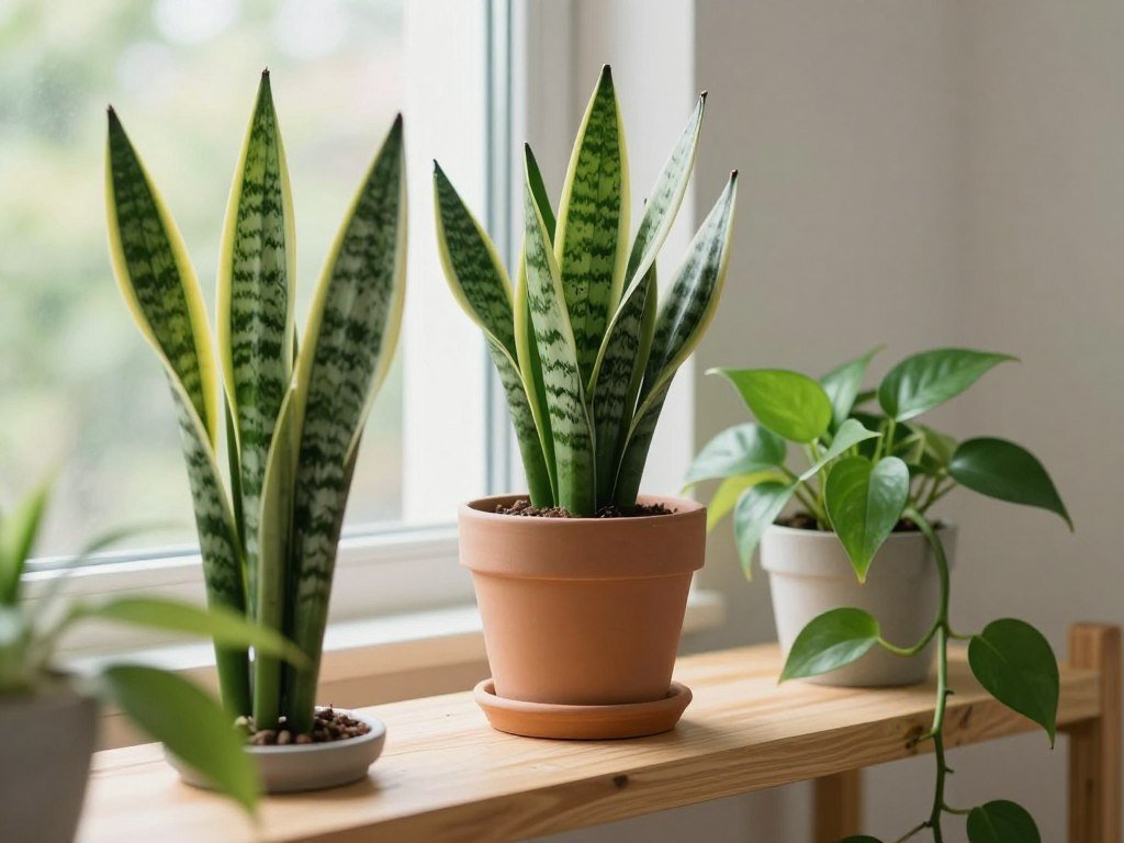 A serene indoor setting featuring a variety of low maintenance air purifying plants, such as Snake Plant, Pothos, and ZZ Plant, elegantly arranged on a light wooden shelf. The foreground showcases a Snake Plant with its tall, slender leaves, while a cascading Pothos drapes gracefully from the edge. In the middle, a potted ZZ Plant stands robust and healthy, demonstrating its resilience. Soft, natural light filters through a nearby window, creating a warm, inviting atmosphere. A blurred background reveals a gentle hint of greenery, adding depth without distraction. The image exudes tranquility and freshness, perfect for illustrating plant care tips, with a focus on nurturing a healthy indoor environment.