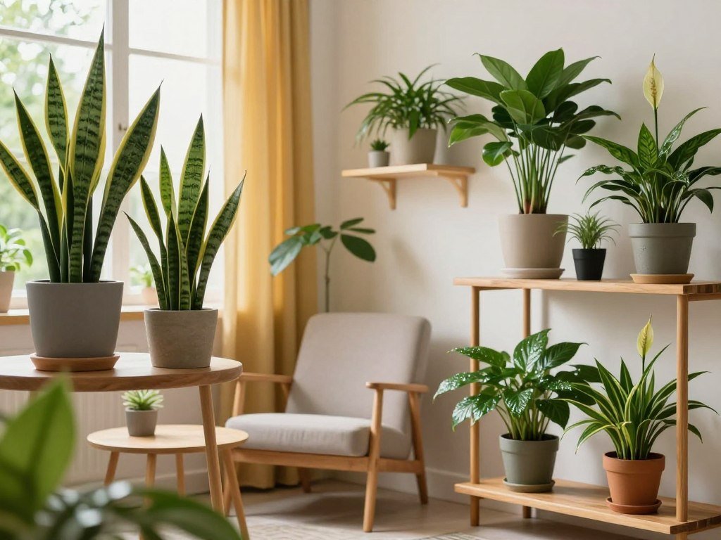 A serene indoor setting showcasing a variety of air-purifying plants, including Snake Plants, Spider Plants, and Peace Lilies, arranged tastefully on elegant wooden shelves. In the foreground, a close-up of lush green leaves, dew glistening under soft, natural light. The middle ground features a cozy corner with a stylish armchair, a small coffee table, and a window allowing gentle sunlight to filter in. In the background, soft golden curtains sway gently, adding warmth to the space. The overall atmosphere is calm and refreshing, promoting a sense of peace and cleaner air. The image should capture the essence of a healthy indoor environment, emphasizing the beauty and vitality of these plants without any text or overlays.
