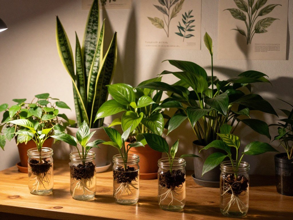 A serene indoor setting showcasing various low light plants being propagated. In the foreground, a wooden table displays a variety of plant cuttings placed in clear glass jars filled with water, their roots beginning to form. The middle ground features lush, green foliage of snake plants, pothos, and peace lilies, creating a vibrant contrast against the dim light. In the background, soft shadows play across a wall adorned with botanical prints. The scene is illuminated by a warm, diffused light from a nearby lamp, casting a cozy, inviting atmosphere. The angle is slightly above eye level, capturing the intricate details of the plant cuttings while emphasizing a sense of tranquility and nurturing growth.