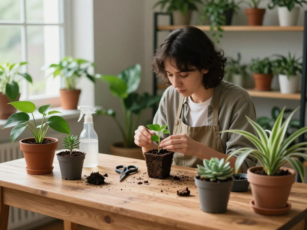 A serene indoor space dedicated to plant propagation, featuring a wooden potting table in the foreground adorned with various small pots filled with soil and healthy cuttings of popular houseplants like pothos, succulents, and spider plants. In the middle, a gardener in modest casual attire attentively examining a cutting, with gardening tools like scissors and a spray bottle neatly arranged around. Soft, diffused natural light streams in through a nearby window, creating a warm and inviting atmosphere. The background showcases shelves filled with thriving plants, emphasizing growth and nurturing. The overall mood is calm and focused, perfect for beginners preparing for plant propagation.