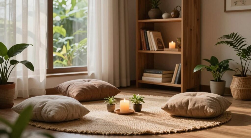 A serene indoor space designed according to Vastu principles, featuring calming elements that promote a peaceful mind. In the foreground, a soothing meditation corner with a soft, natural fiber mat and plush cushions in earthy tones. A gentle, flickering candle emits a warm glow, surrounded by small, lush plants representing harmony and growth. In the middle ground, a wooden bookshelf displays spiritual books and decorative items, with sunlight filtering through sheer curtains, casting soft shadows. The background reveals a tranquil window view of a lush garden, enhancing the sense of connection with nature. The overall atmosphere is peaceful and inviting, evoking a sense of calm and mindfulness. Soft, diffused lighting creates a harmonious ambiance, reminiscent of a cozy retreat.