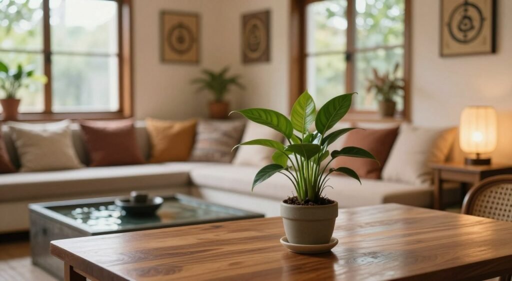 A serene living space inspired by Vastu principles, showcasing essential remedies for harmony. In the foreground, a beautifully arranged indoor plant, like a money plant, sits on a polished wooden table. The middle ground features a cozy seating area with soft cushions in earthy tones and a subtle water feature, reflecting calming vibes. In the background, large windows allow natural light to flood in, accentuating the warm color palette of the walls and decor. Incorporate elements such as sacred symbols artfully placed, and ambient lighting from stylish lamps creates a tranquil atmosphere. The entire scene exudes peace and balance, with a gentle depth of field focus, capturing the essence of harmony in a living space. The mood is inviting and calming, perfect for enhancing a harmonious environment.