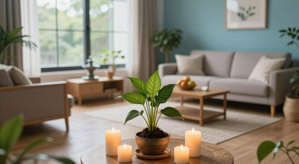 A serene living space showcasing elements of Vastu for prosperity. In the foreground, a beautifully arranged indoor plant symbolizes growth, flanked by candles casting a warm glow. The middle of the image features a well-decorated room with natural light streaming through large windows, illuminating harmonious colors like calming blues and earthy tones. The furniture is arranged in a balanced layout, creating an inviting atmosphere. In the background, subtle symbols of prosperity like a small water fountain and a bowl of fresh fruit are strategically placed. The overall mood is one of tranquility and positivity, enhanced by soft, diffused natural lighting, captured with a slightly elevated angle to provide depth and perspective.