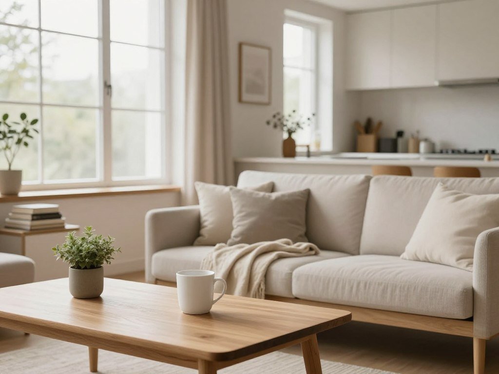 A serene, minimalist living space with neutral tones and natural light flooding through large windows. In the foreground, a simple wooden table with a small potted plant and a single elegant white ceramic mug. The middle of the room features a cozy, low-profile sofa adorned with a soft blanket and a couple of tasteful cushions. A few carefully selected books are stacked on a nearby shelf, emphasizing simplicity. In the background, a clean, airy kitchen with minimal appliances showcases an uncluttered countertop. The atmosphere is calm and inviting, exuding a sense of tranquility and clarity. Soft, diffused lighting enhances the warm tones of the wood and fabric, creating a harmonious, peaceful scene that embodies the essence of a minimalist lifestyle.