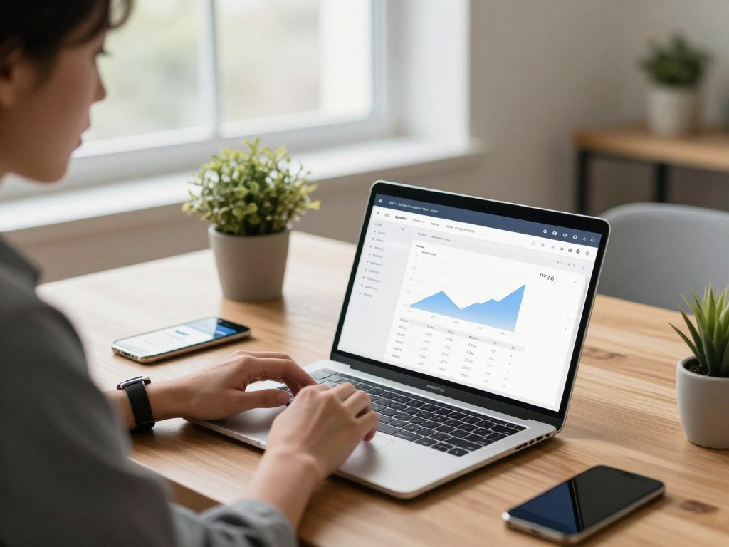 A serene, modern workspace showcasing the essence of simplifying finances with technology. In the foreground, a sleek laptop with an open budgeting app displaying minimalist graphs and financial data. On the left, a professional individual dressed in smart casual attire, thoughtfully analyzing the screen. The middle ground features a simple wooden desk adorned with minimalist stationery, a potted plant, and a smartphone displaying a digital wallet app. In the background, a bright window allowing soft natural light to fill the space, emphasizing a clean and clutter-free environment. The overall atmosphere is calm and focused, reflecting the concept of minimalist spending through the lens of innovative technology. Use a soft-focus effect to create depth and warmth in this inviting workspace.