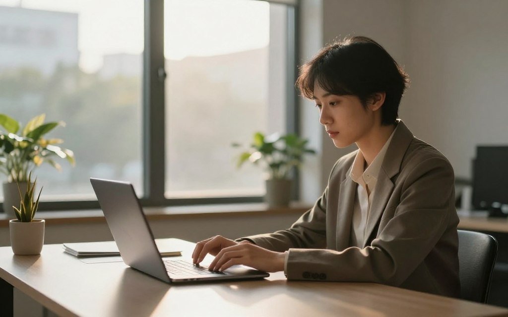 A serene office environment, showcasing a professional individual in modest business attire, immersed in deep focus. The foreground features a sleek, modern desk with a laptop displaying a focused workspace, clear of distractions. In the middle, a large window filters warm, natural light, casting gentle shadows and creating a calm atmosphere. The background includes soft plants and minimalistic decor, symbolizing tranquility and concentration. Use a shallow depth of field to emphasize the individual while softly blurring the surroundings. The mood should exude focus and calmness, illustrating a strategic approach to silencing distractions.