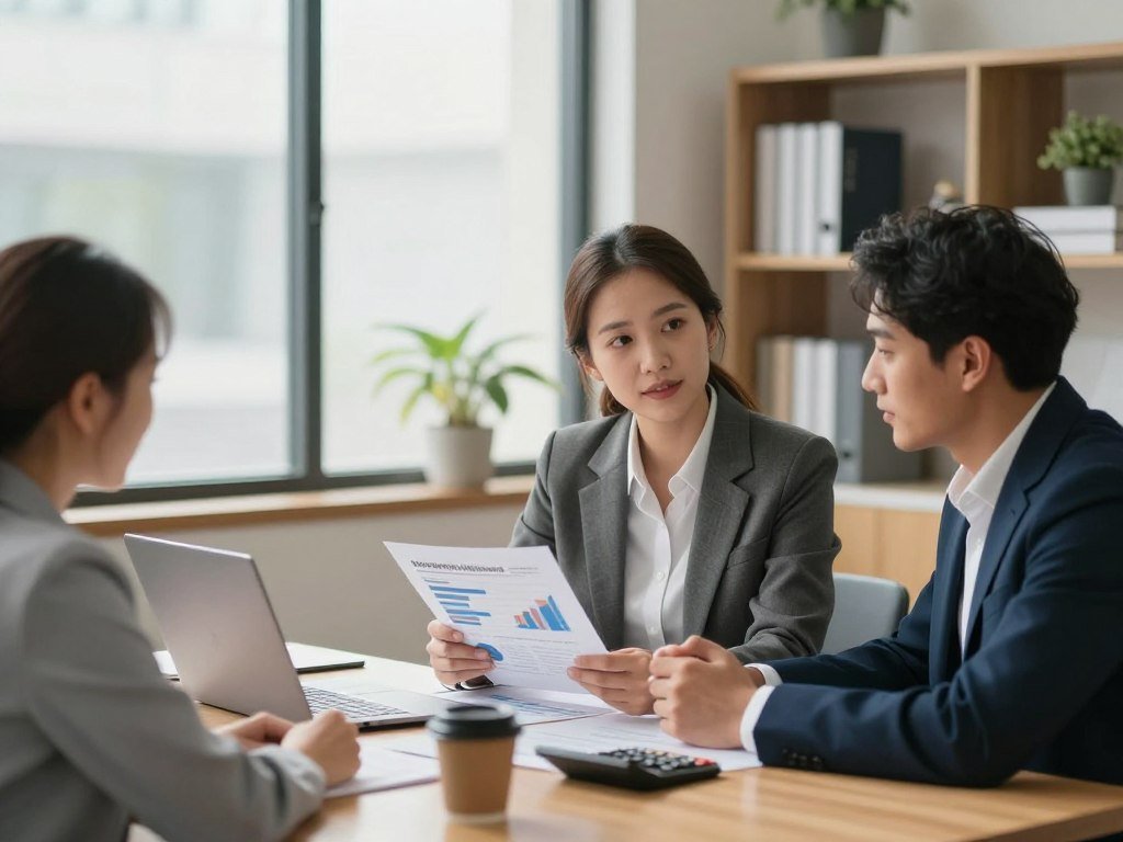 A serene office setting that symbolizes retirement planning. In the foreground, a diverse group of three professionals in smart business attire are engaged in discussion over financial documents, displaying charts and graphs about retirement savings options. The middle ground features a large window with soft, natural lighting filtering through, illuminating a table filled with a laptop, calculators, and cups of coffee. In the background, a modern bookshelf lined with finance books and potted plants adds a touch of warmth to the atmosphere. The overall mood conveys optimism and clarity, emphasizing the importance of thoughtful retirement preparation and financial security.