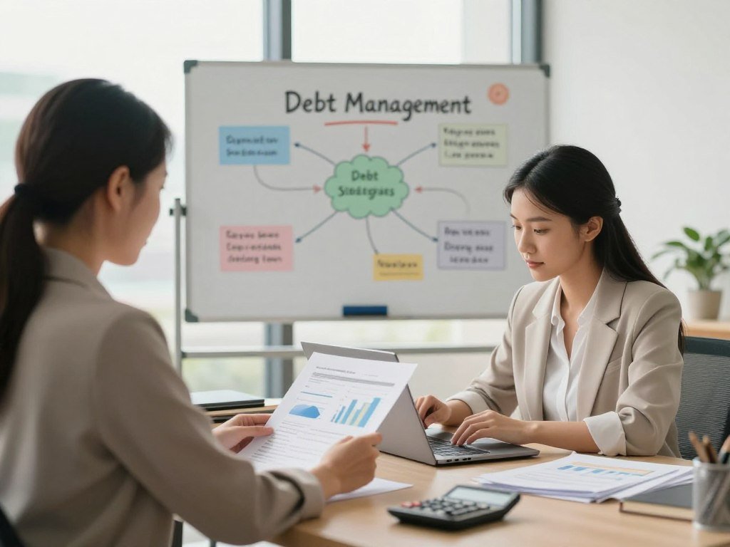 A serene office space showcasing effective debt management techniques. In the foreground, a professional woman in smart casual attire sits at a tidy desk with a laptop, reviewing financial charts and documents. Papers are neatly organized, and a calculator is nearby. In the middle ground, a large whiteboard displays colorful mind maps and bullet points about budgeting, debt repayment strategies, and saving tips. The background features a large window allowing soft natural light to flood the room, creating a warm and inviting atmosphere. The overall mood should be calm and focused, symbolizing clarity and control over personal finances, with a close-up perspective emphasizing the woman’s determination and strategy in managing her debts.
