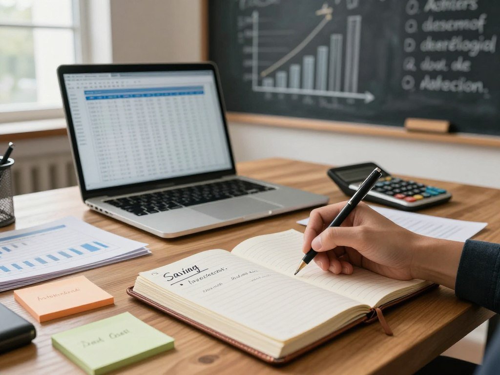 A serene office workspace featuring a wooden desk with neatly arranged financial planning materials. In the foreground, a close-up of a hand writing goals in a leather-bound planner, surrounded by colorful sticky notes labeled with specific financial objectives like "Savings," "Investments," and "Debt Reduction." In the middle ground, an open laptop displays a financial spreadsheet and a calculator on the side. The background shows a chalkboard wall with a visual representation of a financial goal chart and motivational quotes. Soft, natural light filters in through a window, creating a warm, focused atmosphere, conveying a sense of diligence and future planning. The overall mood is inspiring and encouraging for setting financial goals.