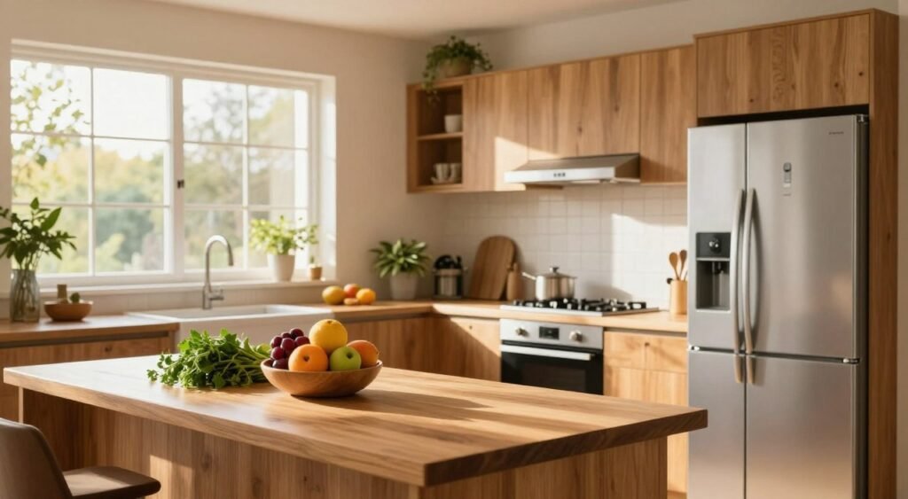A serene, well-organized kitchen designed with Vastu principles in mind, showcasing harmonious energy flow. In the foreground, a wooden island countertop adorned with fresh herbs and a bowl of colorful fruits is illuminated by natural light streaming through a large window. The middle ground features modern appliances, such as a stylish stove and a refrigerator, arranged thoughtfully according to Vastu guidelines. Classic wooden cabinets with light-colored finishes and decorative elements, like potted plants, contribute to a welcoming atmosphere. In the background, soft golden light fills the space, creating a warm and inviting mood. The scene evokes a sense of balance, positivity, and tranquility, ideal for enhancing one's culinary experience.