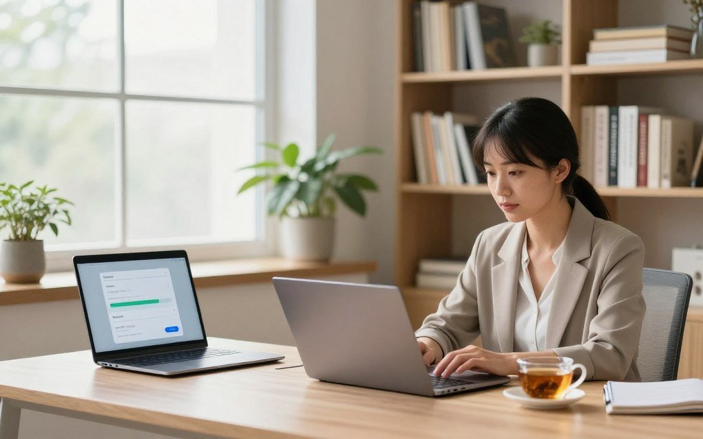 A serene workspace depicted in a modern, minimalistic office environment, where a professional woman is intently focused on her sleek laptop. In the foreground, her desk is organized with smart devices showing muted notifications, symbolizing silence and control over distractions. Soft, natural light filters through a large window, illuminating the space and creating a peaceful ambiance. In the middle ground, a stylish potted plant and a cup of herbal tea add warmth and tranquility. The background showcases a large bookshelf filled with neatly arranged books about productivity. The overall mood is calm, focused, and inspiring, embodying the essence of implementing smart app-level controls to silence distractions effectively.